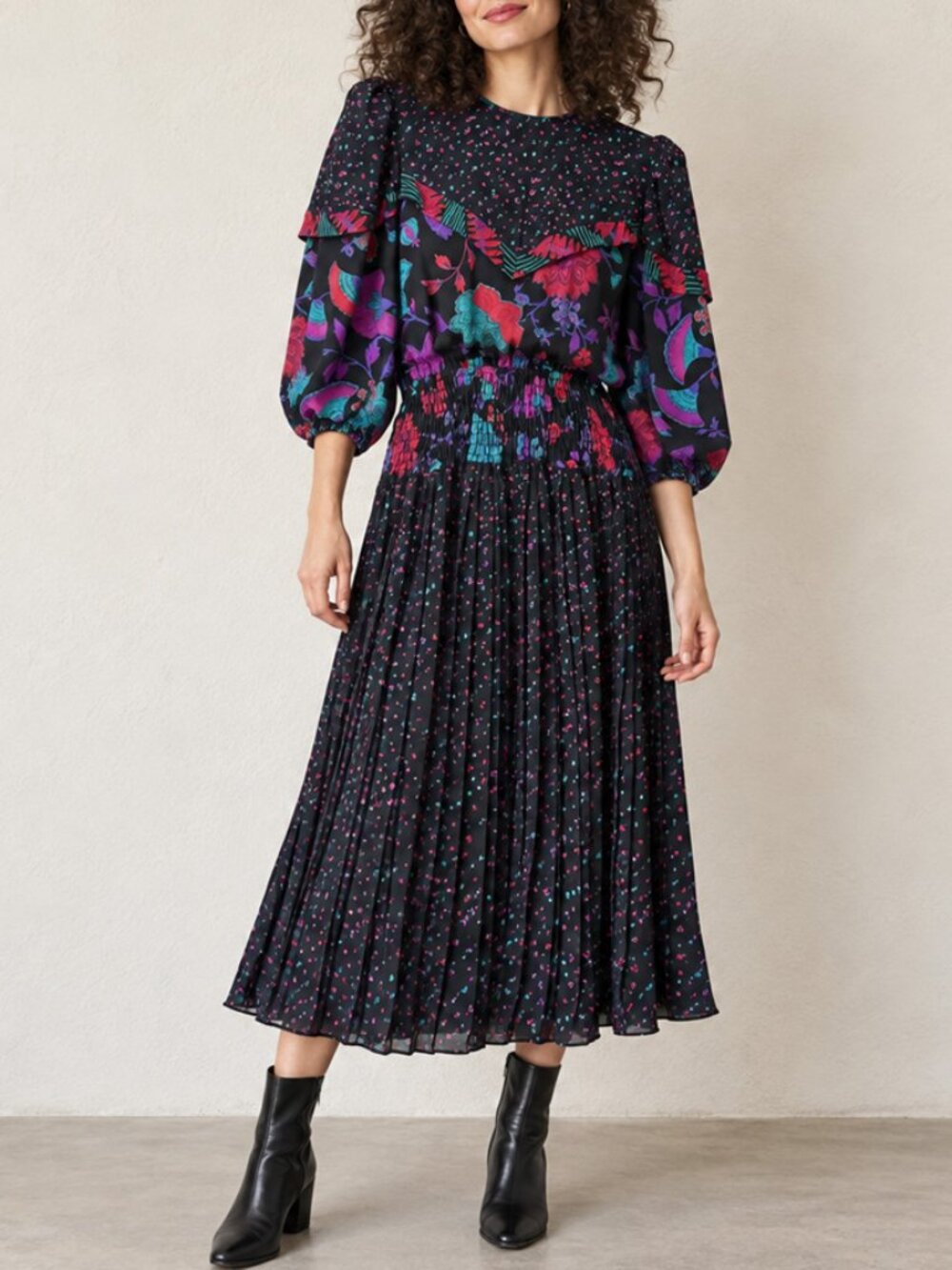 Assorti for Susan Freis Vintage 80s Floral Pleated Dress - Picture 1 of 5
